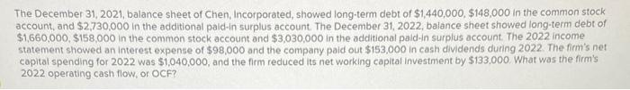 The december 31 2021 balance sheet of chen incorporated