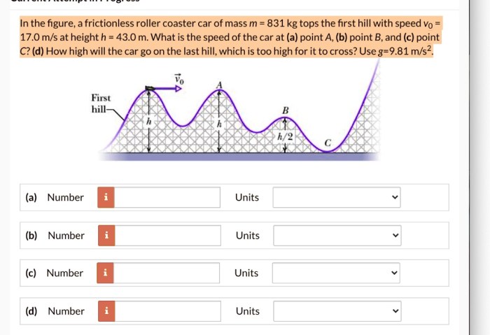 Frictionless coaster roller figure below car speed hill v0 mass tops first solved